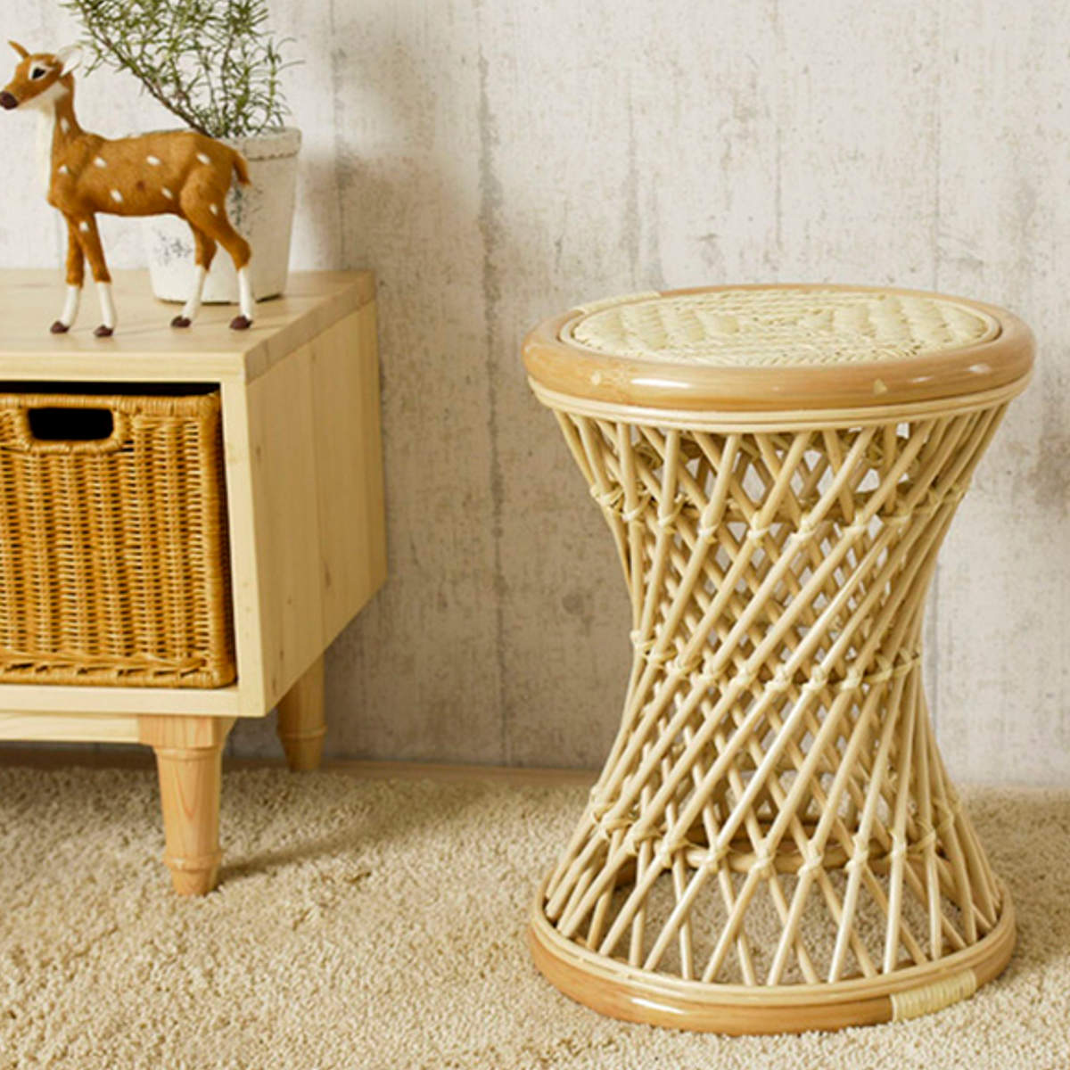 ラタンスツール 丸型 籐製 螺旋組み 座面高44cm