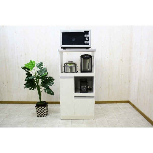 レンジ台（キッチン収納） 2型 幅60cm スライドレール/二口コンセント/米びつ付き 日本製 ホワイト（白） 完成品