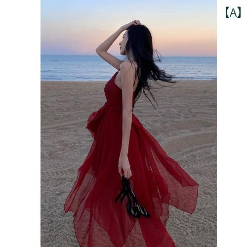 ワンピース レディース 大人 リゾート エレガント フェアリー ドレス 夏 ビーチ ドレス 海辺 バカンス 旅行 ハイウエスト サスペンダー スカート