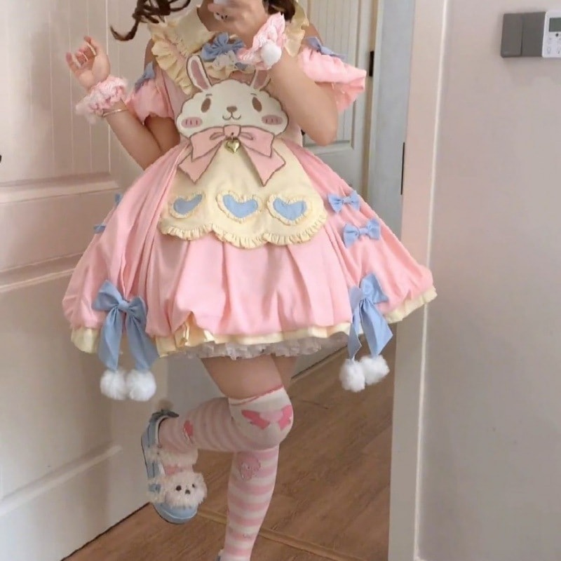 ロリータ半袖ドレスのフルセットロリータロリータかわいいウサギの春と秋のドレス