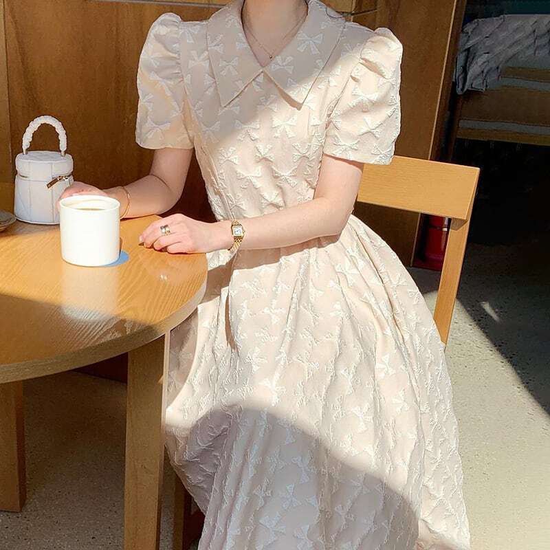 レディース リボン柄 シャツワンピース ロングワンピース ジャガードワンピース 立体感 Aライン ワンピ ロング丈 総柄 ジャガードワンピ ベルト付き ママコーデ ママファッション 韓国系