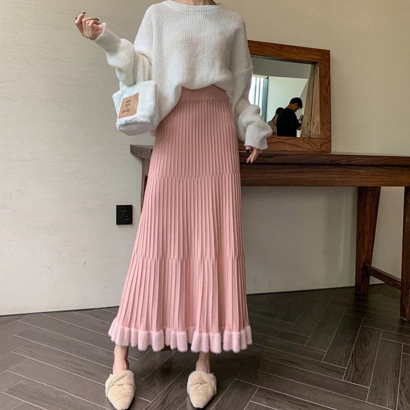 新作韓国風イミテーションミンクファースカートレディースハイウエストカバークロッチニットスカートミドル丈真菌トリムプリーツスカート 7,447円