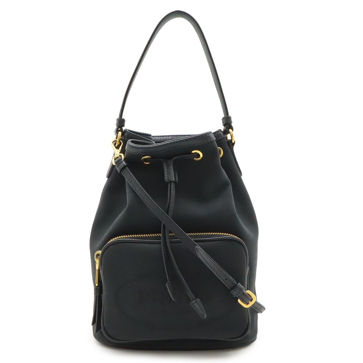 ロゴジャガード ハンドバッグ バケットバッグ 巾着 2WAY ショルダーバッグ キャンバス レザー NERO 黒 ブラック ゴールド金具 1BH03