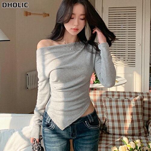 リブオフショルダーアンバランススリムTシャツ・1955954