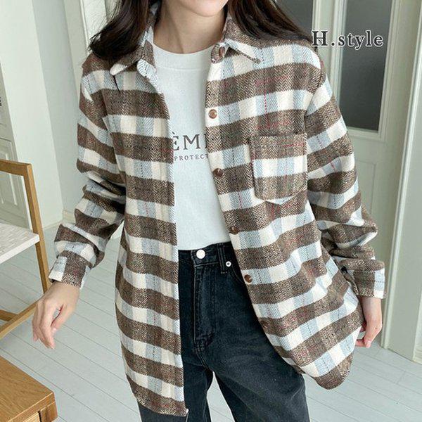 Hスタイル(DK)ベアウールチェックNB 冬 ウール混 ぼこぼこしたメンズシャツ ジャケット フリース ウール