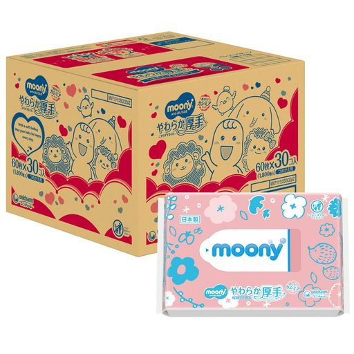 【おしりふき】ムーニー おしりふき やわらか厚手素材 純水99% 詰替 1800枚(60枚入×30)無添加(アルコール・香料・パラベン不使用)日本製 [ケース品]【AMAZON.CO.JP限定】