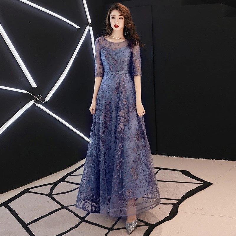 パーティードレス ロングドレス フォマール 結婚式 演奏会 袖あり ネイビー ブラック ロング丈 ワ