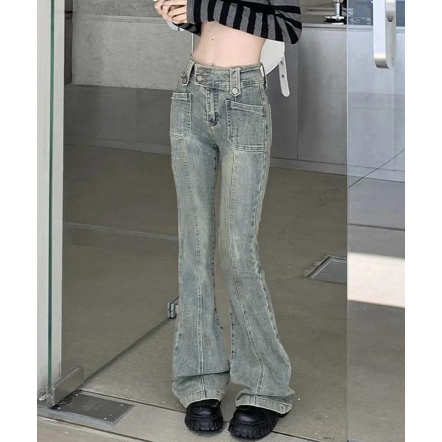 新追加 2025 新作春 脚長効果! デニムパンツ レディース セミフレアデニムパンツ ヴィンテージ風