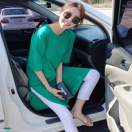 シャツ Tシャツ 半袖 ラウンドネック サイドスリットロング丈 レディース 無地 体型カバー