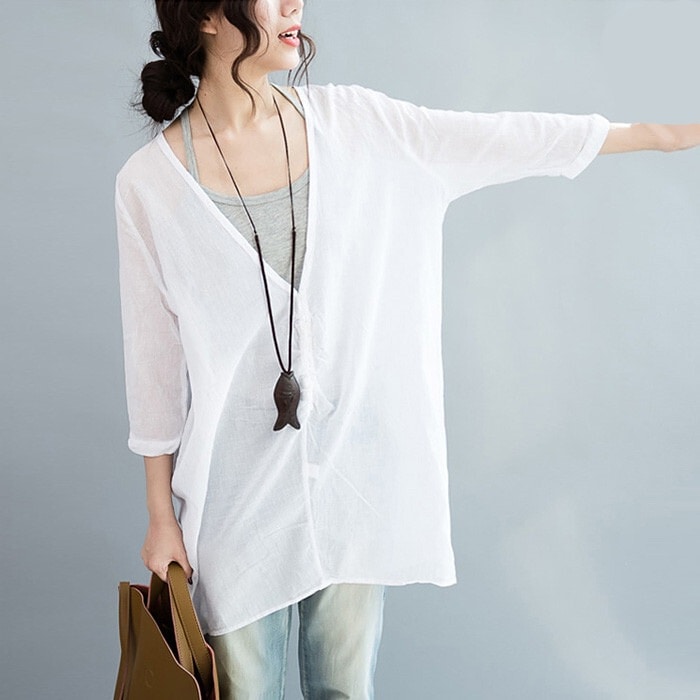 ふんわり トップス シャツ プルオーバー ミディアム丈 7分袖 七分袖 ストレート 綿 リネン かわいい 可愛い きれいめ シンプル カジュアル 上品 おしゃれ お洒落 かっこいい