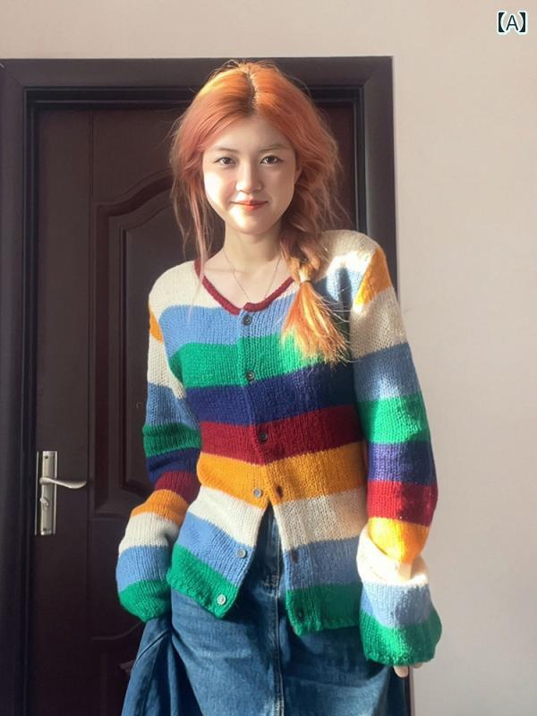 ニット レディース カーディガン おしゃれ カジュアル 大きめサイズ 春秋 レトロ レインボー ボーダー セーター ラウンドネック トップス 5,280円