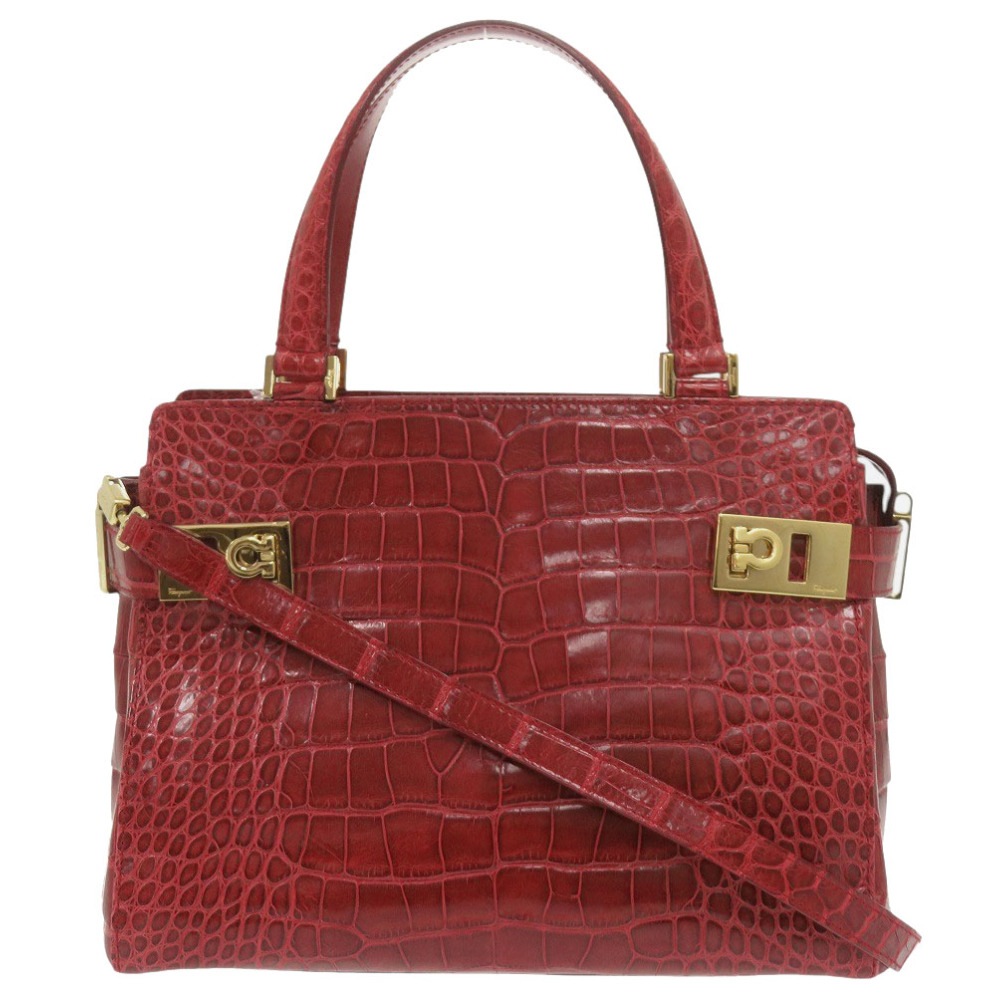 美品 サルヴァトーレフェラガモ 2WAY ガンチーニ AQ-21 0209 ハンドバッグ クロコダイル レッド 1565【中古】Salvatore Ferragamo レディース