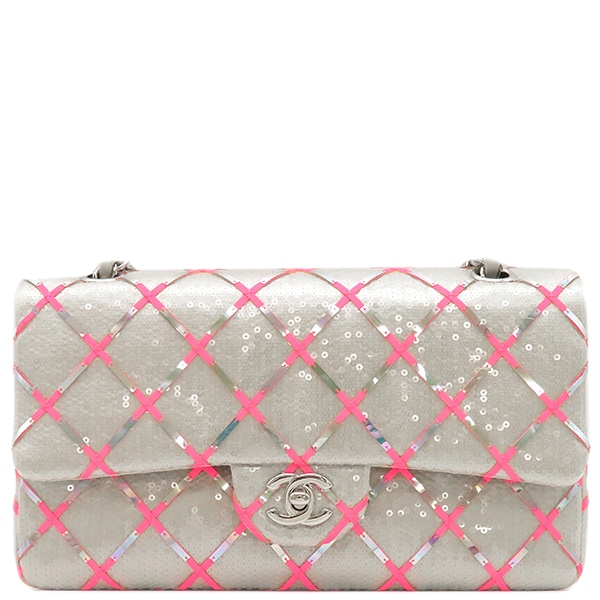 シャネル CHANEL ショルダーバッグ マトラッセ 25 Wチェーン スパンコール レザー グレー×ピンク シルバー金具 ダブルフラップ スパンコール A01112 22****** 【保存袋】【中