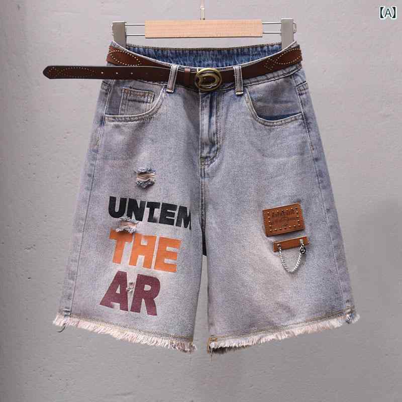 デニムパンツ レディース ダメージ ジーンズ クラッシュ ボトムス ハーフパンツ 夏 薄手 ロゴ ストレート カジュアル カットオフ ブルー