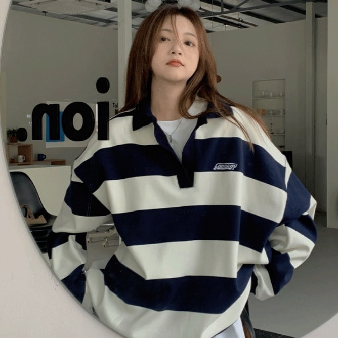 オーバーサイズ トップス ニットソー カットソー セーター プルオーバー ストライプ プリント レギュラー丈 長袖 ポロカラー コットンライナー ルーズ ポリエステル 通勤 秋 青 ブルー 白