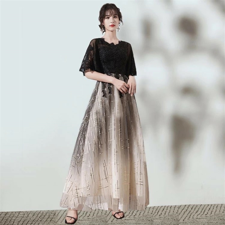 即日発送パーティードレス ワンピース イブニングドレス レディース ドレス ロングワンピース チュールスカート フレアワンピース ロング丈 刺繍 レース 半袖 着痩せ おしゃれ 体型カバー フォーマル