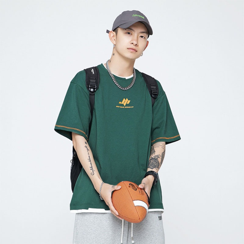 韓国ファッション メンズファッション 半袖 Tシャツ トップス プリント パーカー 夏 重ね着風 男女兼用