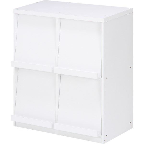 ディスプレイラック （収納棚/本棚） 4マス ホワイト 幅80cm 上下連結可 フラップ式扉 雑誌ディスプレイ付き