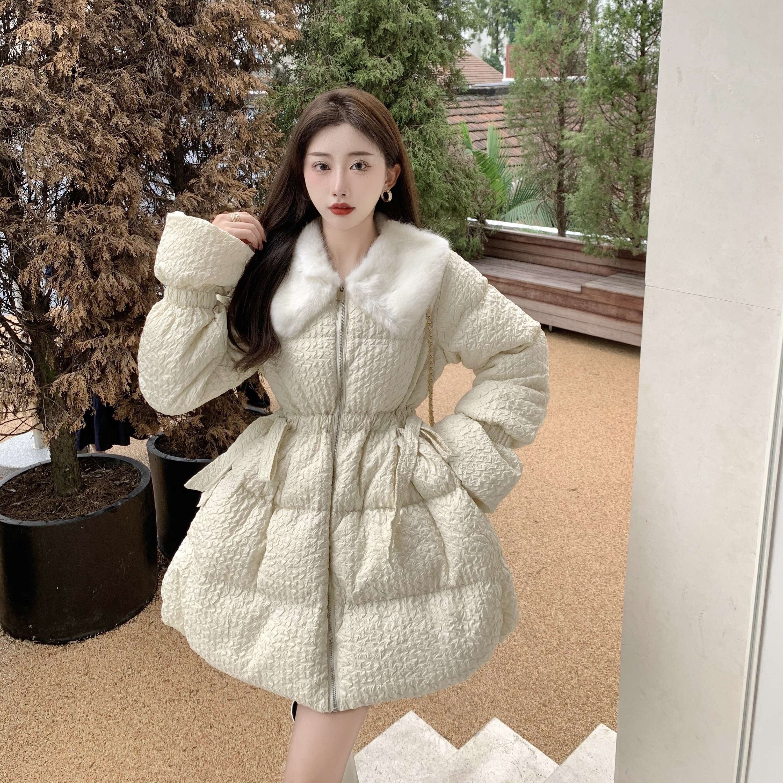 レディース 2カラー コート ファーカラー ウエストシェイプ ミニワンピ風