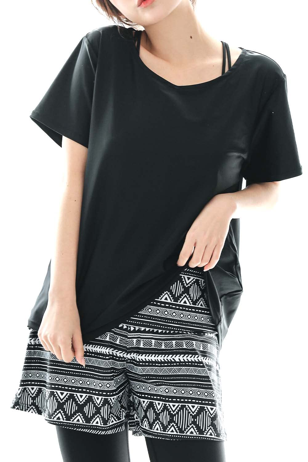 [COTARON] 水着 レディース 体型カバー ヨガ水着 タンキニ オーバーTシャツ ショートパンツ レギンス ４点セット (LL, 4ブラック×エスニック)