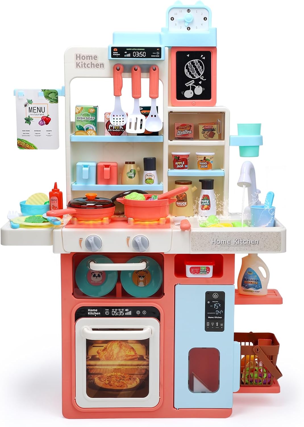 Cute Stone おままごとキッチン 知育玩具 64点 おままごと おもちゃ リアルスプレー ライトと料理音付き 循環出水 組立式 調理器具付き ごっこ遊び 豊富な食材 収納スペース 黒板付き