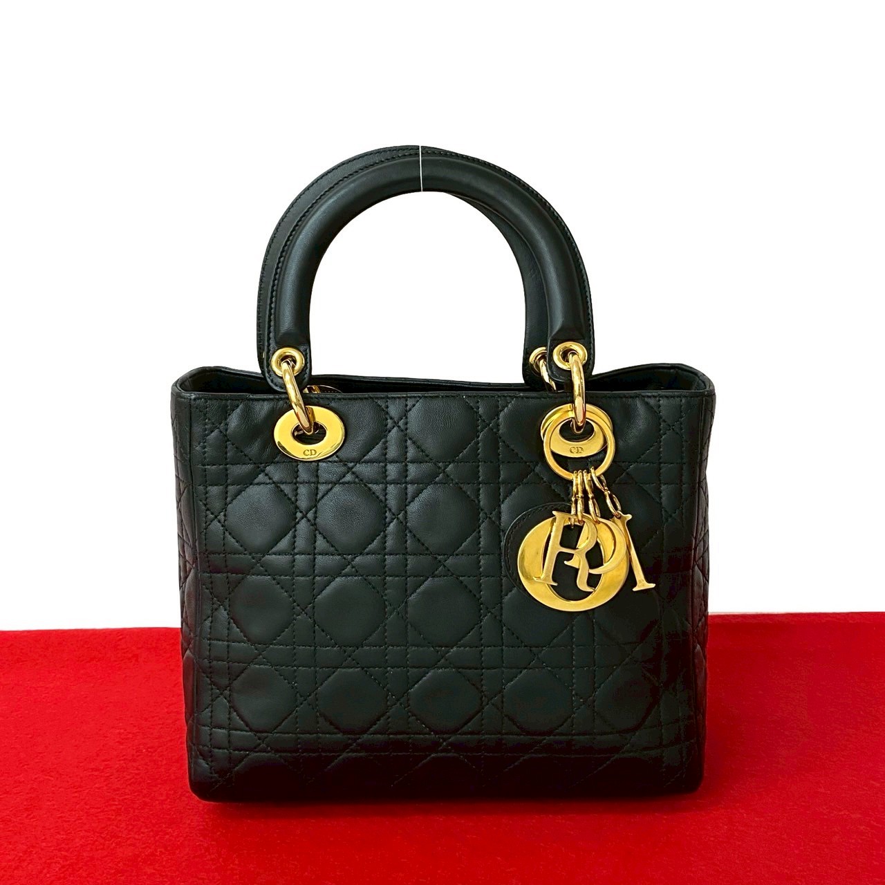 レディディオール カナージュ ステッチハンドバッグ レザー ブラック l53-2