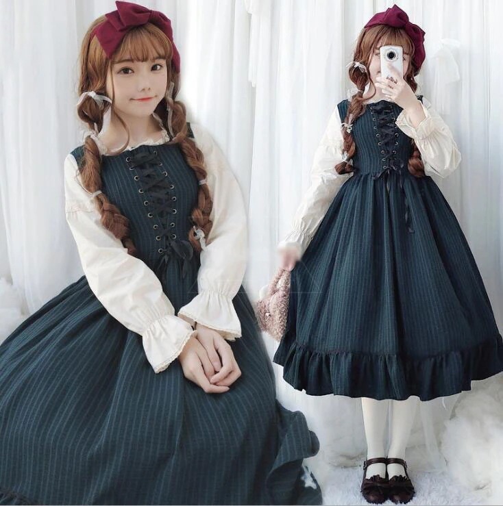ロリータ服 長袖ワンピース お姫様ワンピース プリンセスドレス ロリータワンピース ロング丈ワンピ お嬢様 ストライプ フリル 可愛いコスチューム ゴスロリ コスプレ衣装 舞台衣装 文化祭 学園祭 イ