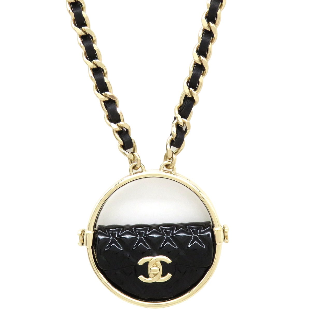 シャネル CHANEL ネックレス ココマーク マトラッセ GP レザー ブラック×ゴールド ゴールド金具 バッグモチーフ AB9852 B23C【中古】