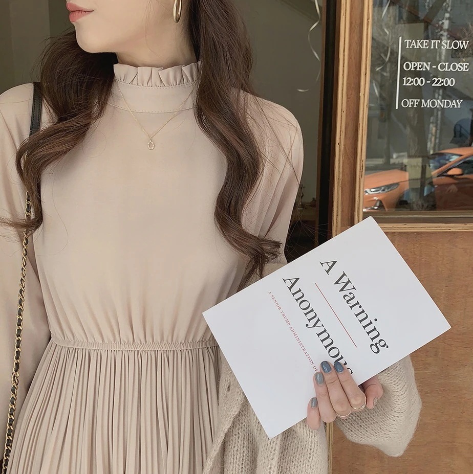 ワンピース レディース プリーツ 切り替え 長袖 ワンピドレス ミモレ ロング ハイネック フリルネック 大人可愛い上品 レトロ エレガント お洒落 お出かけ デート 誕生日 二次会 S M L XL