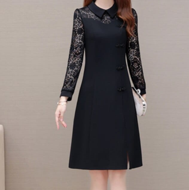 ワンピース デート かわいい 大人可愛い きれいめ シンプル カジュアル 大人 上品 おしゃれ レース ミニ丈 刺繡 襟付き 長袖 ブラック スリット タイト 3XL 4XL 5XL イベント 休日