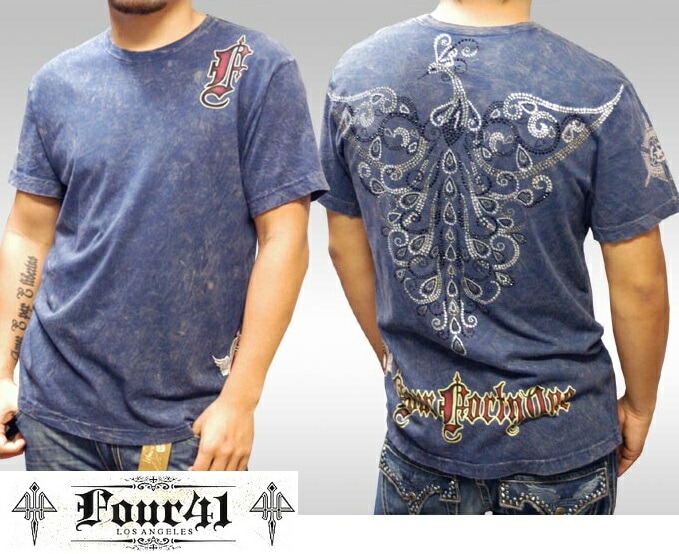 今だけプロモ価格LA直輸入 Four41 スワロフスキー ロック Tシャツ ネイビー メンズ ラインストーン フェニックス インポート ブランド クロムハーツ スタイル Ed Hardy エド