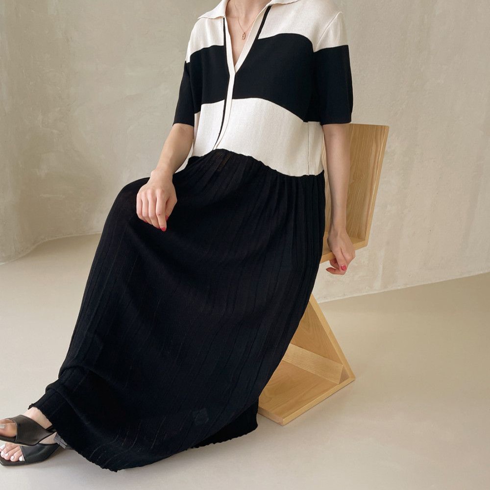 長袖 ニット ロング ワンピース オープンカラー 切替 ボーダー プリーツ ラペル ストライプ TKOR0066