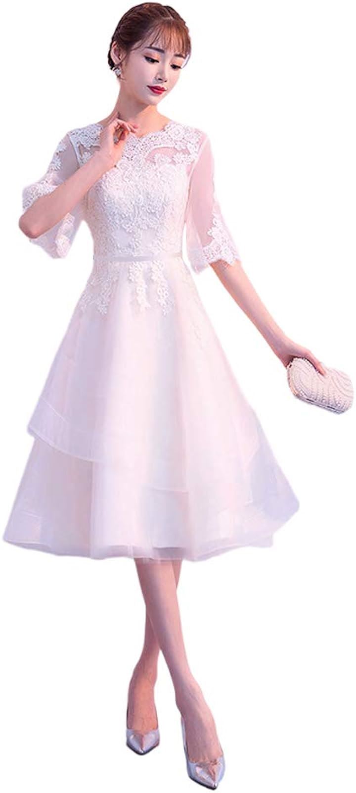 可愛い ウェディングドレス 二次会ドレス 結婚式 プリンセスラインドレス 姫系 パーティードレス 新婦 挙式 ブライダル 袖あり 発表会 ロングドレス( ホワイト, すね-2XL)