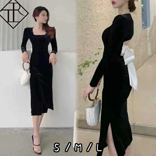 【即納】パーティードレス 結婚式 ドレス ワンピース レディース 二次会 お呼ばれ パーティー 大きいサイズ ミディアム スクエアネック Hラインスカート 長袖 フォーマル エレ