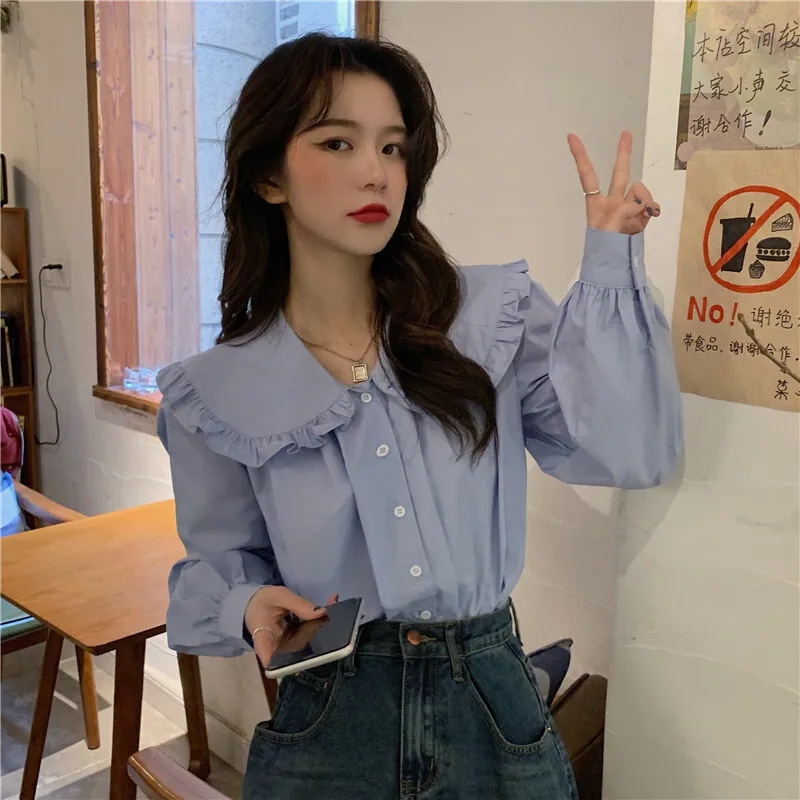 トップス シャツ ブラウス 前開き レディース 長袖 襟付き セーラーカラー かわいい 大人可愛い きれいめ シンプル カジュアル 上品 おしゃれ ガーリー かっちり ラブリー キュート カレッジ風