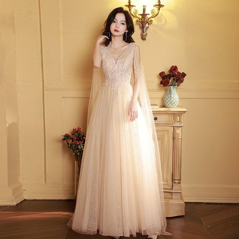 パーティードレス ナイトドレス レディース シャンパン色 フリンジ ロング丈 高級感 綺麗 韓国風 フォーマル ウェディングドレス ワンピース 二次会 高校生 卒業式 結婚式 成人式 演奏会