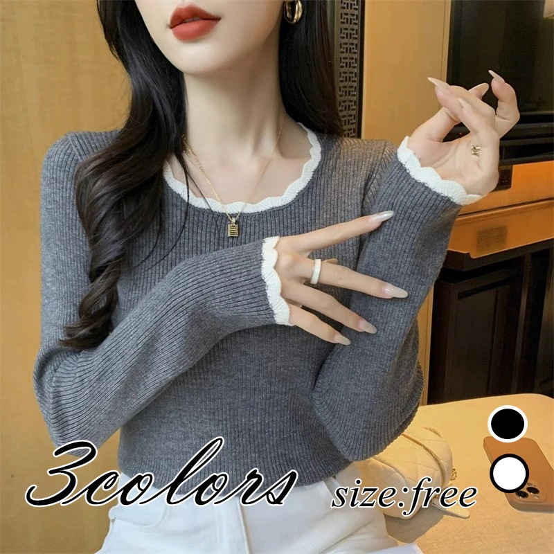 大人気！ ニット トップス フリル付き セーター インナー 長袖 ファッション シンプル 着痩せ カジュアル トップス 秋 冬 無地 ニット