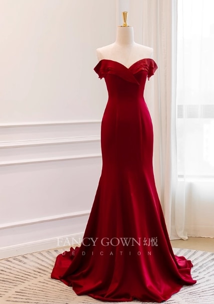 カラードレス ワインレッド オフショルダー マーメイドライン 編み上げ 大人っぽい 発表会