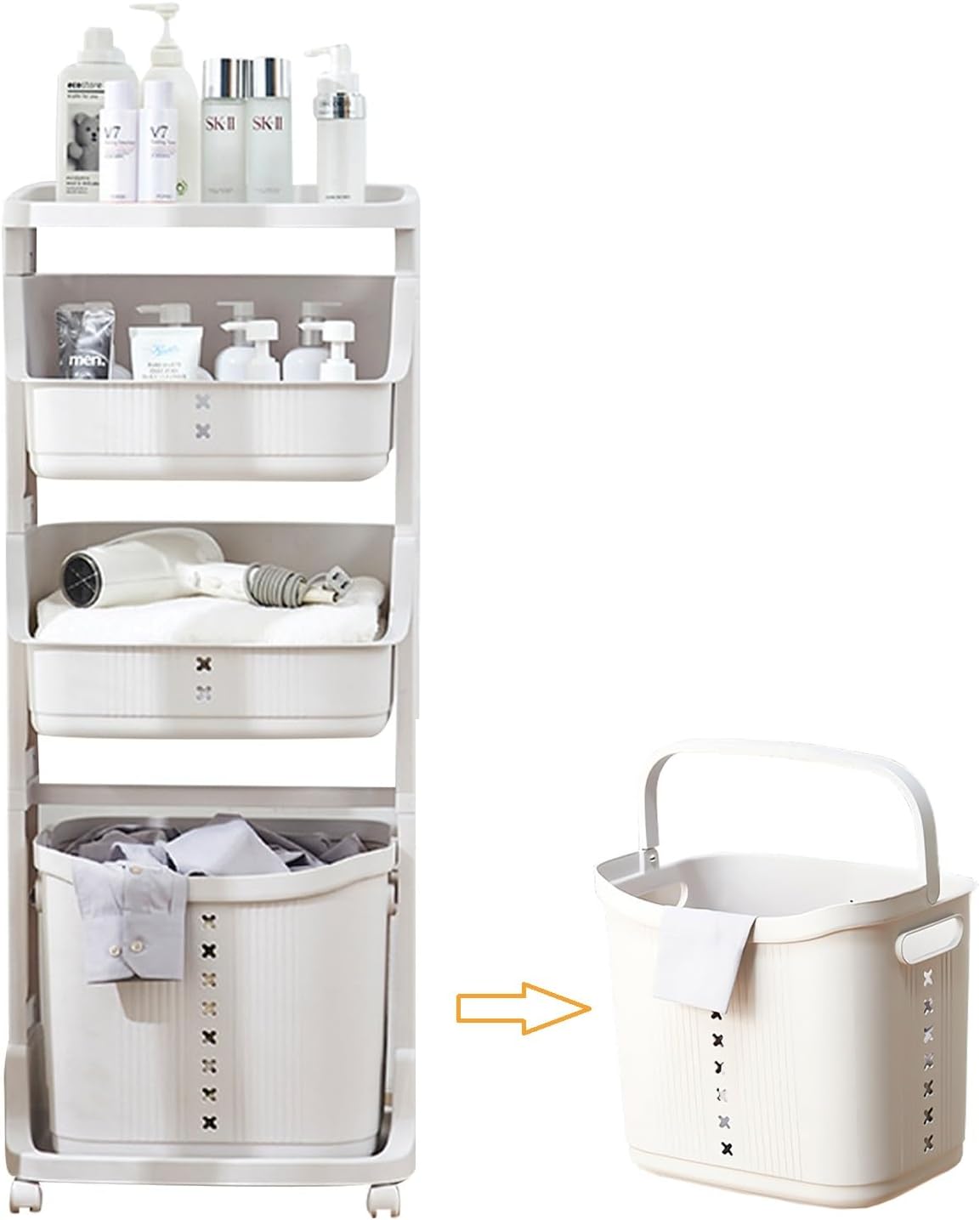 4段ランドリーワゴン 80L 大容量 キャスター付き 取り外し可能 洗濯かご 収納ラック