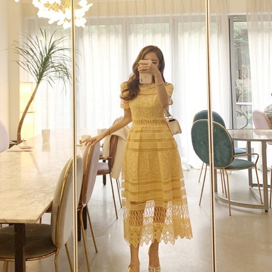 【取寄：納期2週間】ドレス ワンピース レース柄 半袖 ワンピースドレス シースルー イエロー かわいい ドレス ワンピース お呼ばれ 発表会 ワンピースドレス 演奏会 二次会 おしゃれ ドレス