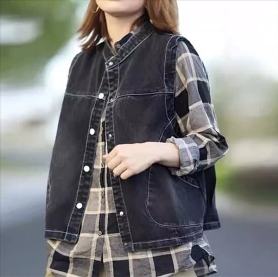 ベスト アウター デニムベスト ジャケット レディース カジュアルベスト 袖なし スタンドカラー 無地 切り替えデザイン 春 秋 レギュラー丈 チョッキ 前開き シングルブレスト ノースリーブ