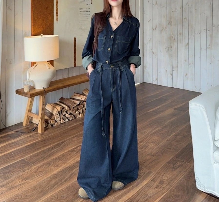 デニム セットアップ レディース 長袖 デニムシャツ ワイドパンツ 上下セット ルーズ ゆったり オーバーサイズ 韓国 ファッション 大人カジュアル 30代 40代 おしゃれ 大人可愛い 休日 旅行