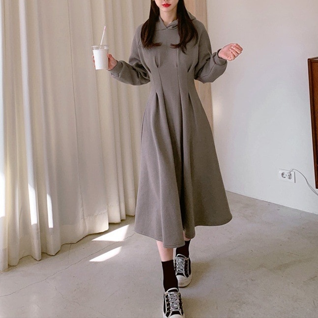 ロングワンピース ワンピース レディース ロングワンピ 長袖 フード付き ロングスカート フレア Aライン Aラインスカート ハイウエスト ゆったり 体型カバー カジュアル シンプル 無地 プレーン