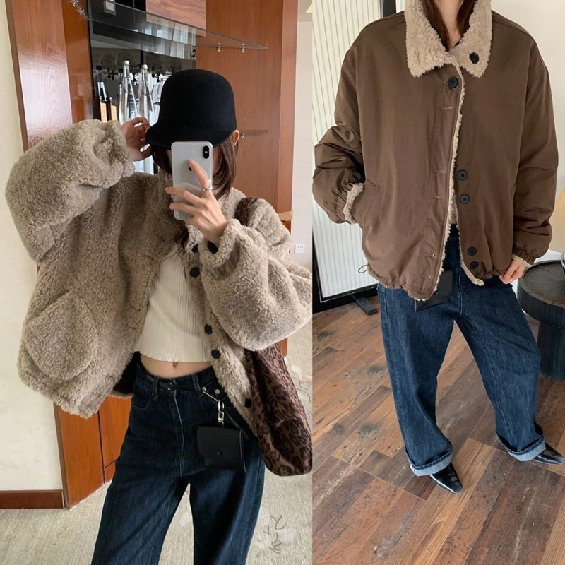 シングルボタンスタンドカラーボア ショート両面着用保温ジャケット 3 カラー フェイクファー