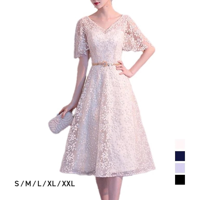 パーティードレス イブニングドレス ミディドレス レディース Aライン 袖あり 結婚式 お呼ばれ グレー ブラック ネイビー アイボリー