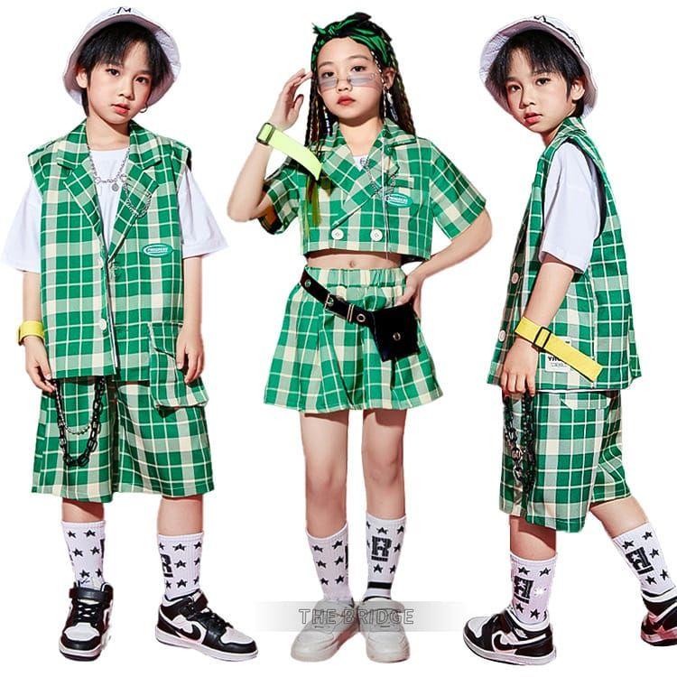 風格が独特キッズダンス衣装 セットアップ 緑 韓国 子供服 ヒップホップ キッズ トップス パンツ スカート 体操服 ダンス衣装 k-pop 演出服 ステージ衣装 チェック柄 おし