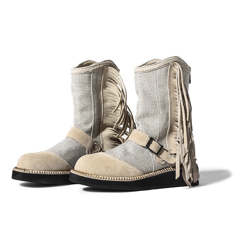 アースウェイストランド風ブーツ エスニック風ヒゲショートブーツ フラットキャンバス バックファスナー ベルトバックル ショートブーツ デニム