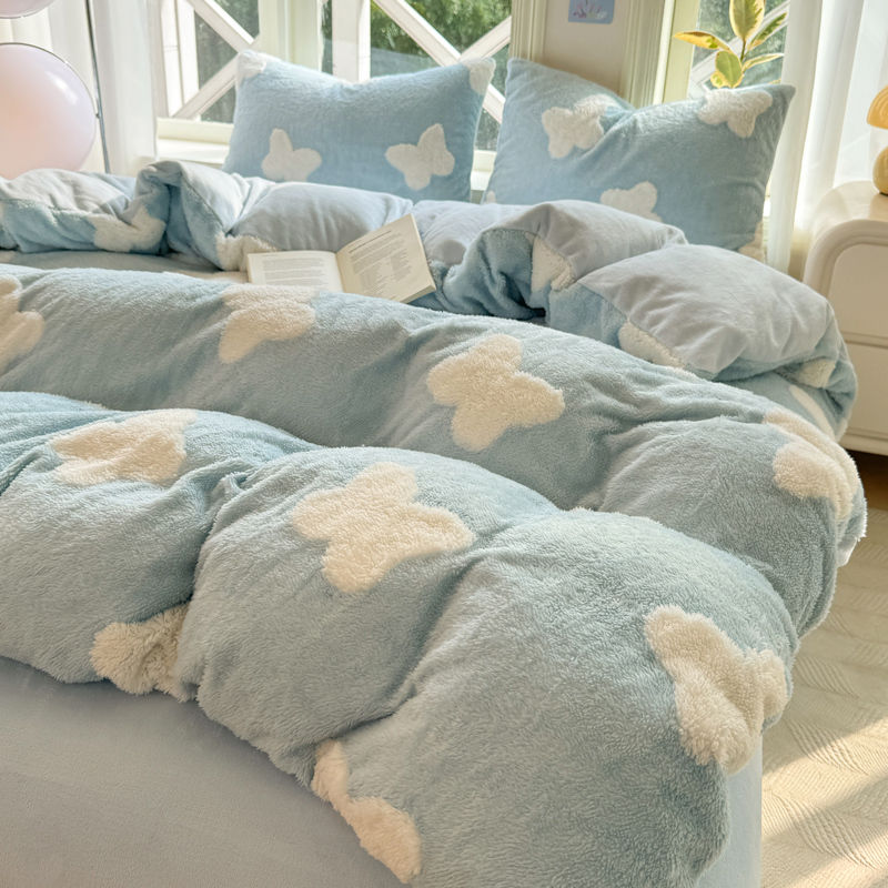 クリームブルー厚手ミルクフロマージュベッド上4点セット冬のサンゴフロマージュ布団カバーシーツ両面フロマージュ3点セット