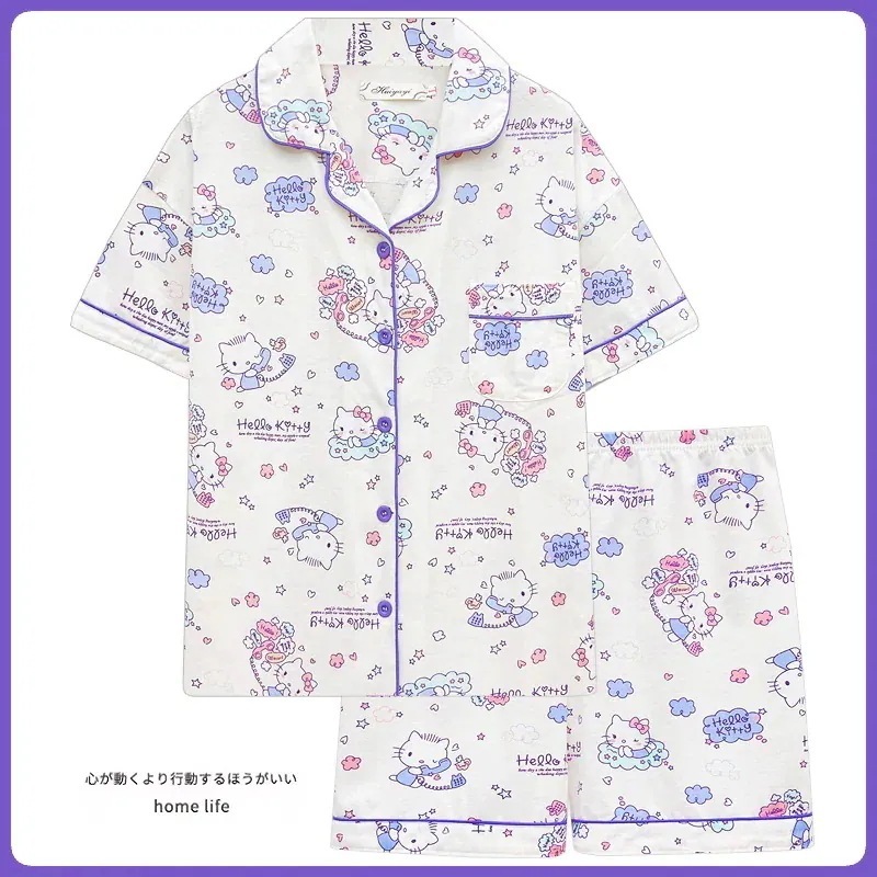 漫画かわいいハローキティパジャマ女性の夏の薄い綿半袖ホーム服セット夏の学生一部翌日出荷