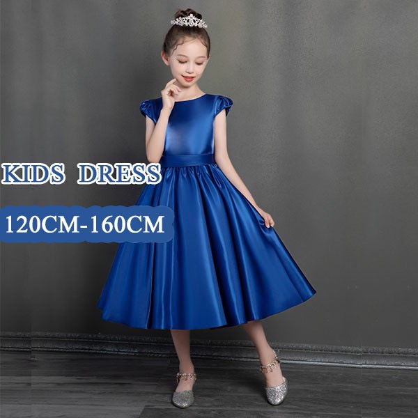 キッズドレス ピアノ発表会 中学生 ワンピース ドレス 女の子 子供服 ガール ピアノ 発表会 子供ドレス リボン ネイビー 袖あり 半袖 パフスリーブ ミディ丈 シンプル かわいい お姫様 上品 エ